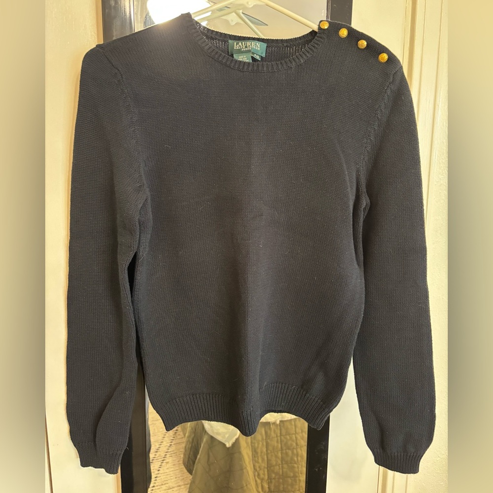 Lauren Ralph Lauren Navy Knit Sweater With Gold Buttons.  Size PS